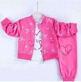 Resim 3-18 Ay Kız Bebek Takımı Kalp Hırkalı 3'lü Pembe Pembe 