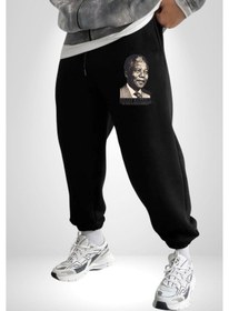 Resim Nelson Mandela 3 İplik Erkek Baskılı Siyah Eşofman Altı Siyah 