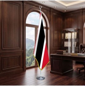 Resim Trinidad Ve Tobago Direkli - Altın Saçaklı Saten Makam Bayrağı Seti Krom Direk Diğer 