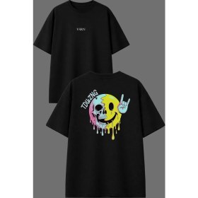 Resim Vsrn Smile Skeleton Tasarım Ön Arka Baskılı Siyah Oversize T Shirt 