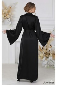 Resim Juwana Siyah Lüks Uzun Saten Kuşaklı Kadın Sabahlık Modeli 