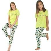 Resim Yeni İnci Anne Kız Çocuk Kombin 2 Çift Viskon Avokado Pijama Takım 1786-357 
