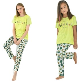 Resim Yeni İnci Anne Kız Çocuk Kombin 2 Çift Viskon Avokado Pijama Takım 1786-357 