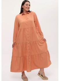 Resim Kadın Büyük Beden Önden Düğmeli Pamuklu Uzun Vizon Elbise Vizon 