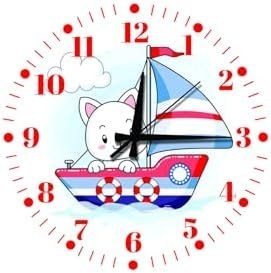 Resim M&H Quality(512) Sevimli Kedi ve Gemi Temalı Sessiz Mekanizma Duvar Saati – Çocuk Odası Dekoratif Kırmızı 40 x 40 