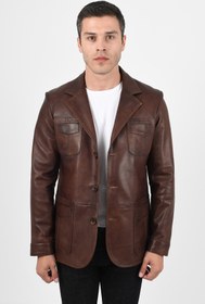 Resim Martell Kahverengi Hakiki Deri Blazer Ceket Erkek - Kahverengi / XL / Gerçek Deri 