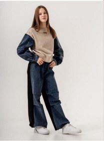 Resim Kız Çocuk Mevsimlik Denim Kol 3 İplik Sweatshirt-14774 Kahverengi 