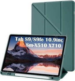 Resim M.TK moveteck Samsung Galaxy Tab S9 Fe 10.9 Kalem Bölmeli Katlanabilir Standlı Yumuşak Silikon X510 (Uyumlu), Koyu Yeşil, Tek Ebat, s9FE-10.9Trifolding-yeşil123 