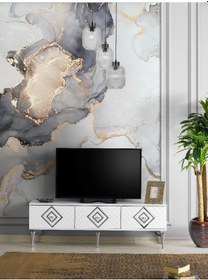 Resim 150 CM İLİZYON METAL AYAK-MDF MEBRAN KAPAK TV SEHPASI BEYAZ GÜMÜŞ 