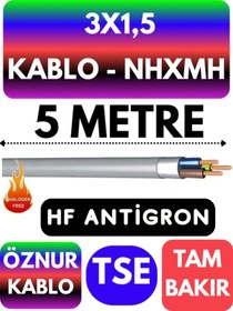 Resim Öznur 3x1,5 Nhxmh Alev İletmez Kablo Metre Seçenekli Gri - 5 Metre 