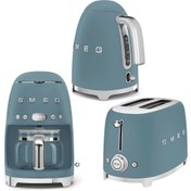 Resim Smeg 50's Style Storm Blue Kettle-1x2 Ekmek Kızartma Makinesi Ve Filtre Kahve Makine Seti 