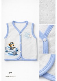 Resim Babyden's Erkek Bebek 3 Lü Jakarlı Yelek Set Çıtçıtlı Bebek Yeleği Ayıcık Baskılı,pamuklu,yenidoğan Yelek Seti Ekru - Mavi 