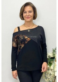 Resim Mia Butik Büyük Beden Kahve Tek Omuz Leopar Detaylı Bluz Kahve 