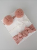 Resim swan butik Kız Bebek Çocuk Bandana Seti 3'lü Pudra Pembe Ribana, Krem Dantel Pudra Ponpon 