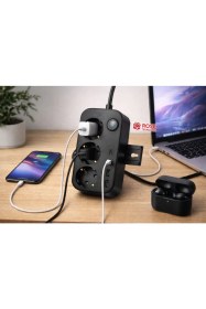 Resim Rose Teknoloji Akım Koruma ve Güvenlik Kapaklı 3 Priz 2 USB 2 Type-c Girişli Sabitlenebilir 2 M Uzatma Kablolu Priz 