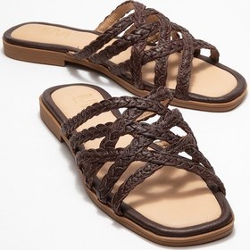 Resim Luvi Shoes Alısha Kahverengi Hakiki Deri Örgü Bantlı Kadın Terlik Kahverengi 