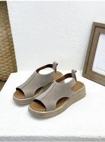 Resim 25y1003 Arkası Lastikli Hakiki Deri 5cm Dolgu Taban Sandalet Kadın Bej 