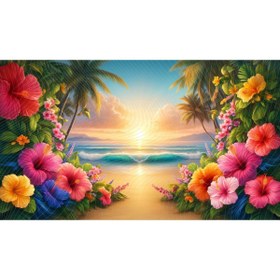 Resim Venspor Tropikal Gün Batımı ve Hibiskus Çiçekleri ile Süslenmiş Plaj Arka Planı, 200x150cm Fon Duvar Örtüsü 