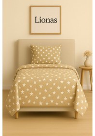 Resim Tek Kişilik Desenli Nevresim + 1 Adet Kapaklı Yastık Kılıfı Koyu Bej 