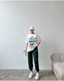 Resim Art Baskılı T-shirt Eşofman Altı Jogger-baskılı Alt Üst Eşofman Takım Oversize Bisiklet Yaka Yeşil 