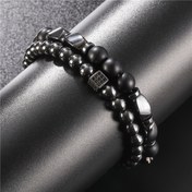 Resim Yeni Moda Erkek Bileklik Seti 2 Parça/Set Siyah Akik Boncuklu Bilezikler Lüks Sentetik Zirkonya Brazalete Ona Hediye, Manyetik Olmayan Aksesuarlar 