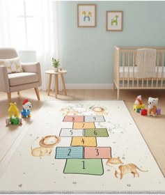 Resim Sevimli Dostlar Seksek Çocuk Odası Halısı Bej 