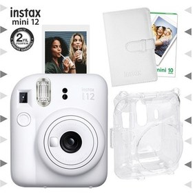 Resim Fujifilm Instax Mini 12 Fotoğraf Makinesi + 10'lu Film + Laporta Albüm + Şeffaf Kılıf Seti Beyaz 