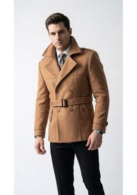 Resim Erkek Kemerli Trençkot Mont Kaşe Kumaş, Kapitone Astarlı, Çift Düğmeli Premium Tasarım Taba 