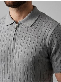 Resim Erkek Yazlık Triko Saç Örgü Tişört Kısa Kol Polo Yaka Fermuarlı T-shirt - Gri 