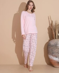 Resim Boyraz Lindros Kadın Pamuk'lu Düğme Yaka Raporlu İnterlok Kışlık Pijama Takımı 05033 - 1 Adet Pembe 