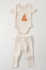 Resim tinylamb Fluffy Bear 4 Parça Unisex Bebek Kısa Kollu Pamuk Zıbın Pijama Bere Bandana Mini Yenidoğan Takımı 