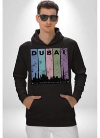 Resim Dubai Şehir Silüeti Renkli Şehir Kadın Erkek Siyah Kapüşonlu Sweatshirt Hoodie Siyah 