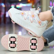 Resim Kızlar için Çiçek Desenli 4 Tekerlekli Stabilite, Döner Toka Kapatmalı ve Hafif Nefes Alabilir Tasarım - Tüm Mevsimler İçin Şık Spor Düşük Topuklu Sneaker (PU Üst, TPR Taban), Kız Çocukları için Paten Ayakkabısı, Kumaş Astarlı 