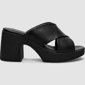 Resim %100 Hakiki Deri Siyah Kadın Topuklu Terlik-siyah Siyah 