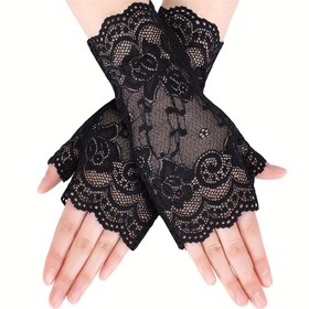 Resim Kadınlar İçin Dantel Eldiven, Yarım Parmak Parmaksız Kısa Denizci Dans Sürüş Eldiveni, Nefes Alabilir Seksi Dantel Güneş Koruma Eldiveni 
