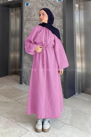 Resim lamelif Balon Kol Bağlamalı Tesettür Elbise Pembe 