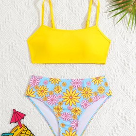 Resim Omuz Askısı Ayarlanabilir 2 Parça Kız Bikini Üstü ve Çiçek Desenli Mayo Altı Takımı, Yüzme Havuzu Plaj Tatil Mayo Takımları 