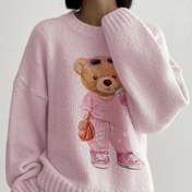 Resim Kadınların Rahat Pembe Teddy Bear Karikatür Baskılı Kazak - Uzun Kollu, Bol Kesim, Yuvarlak Yaka, Günlük Stil, Sonbahar/Kış İçin Mükemmel, Günlük Kış Giyimi | Eğlenceli Tasarım | İnşaat, Kazak Elbise 