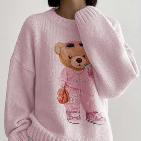 Resim Kadınların Rahat Pembe Teddy Bear Karikatür Baskılı Kazak - Uzun Kollu, Bol Kesim, Yuvarlak Yaka, Günlük Stil, Sonbahar/Kış İçin Mükemmel, Günlük Kış Giyimi | Eğlenceli Tasarım | İnşaat, Kazak Elbise 