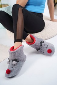 Resim AlbiShoes Kız Çocuk Geyik Figürlü Ev Botu Panduf Çocuk Peluş Rahat Sessiz Kaymaz Taban Ev Ayakkabısı 