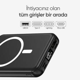 Resim 10.000 Mah Kablosuz Hızlı Şarjlı Magsafe Powerbank Led Ekranlı Dahili Kablolu Powerbank Siyah 