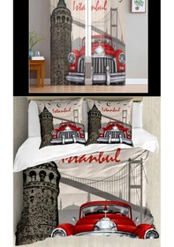 Resim Istanbul Çift Kişilik 4 Parça Nevresim Takımı Ve 2 Adet Fon Perd Beyaz - Gri - Kırmızı 