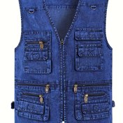 Resim Plus Beden Erkek %100 Pamuk Denim Yelek - V-Yaka Çok Cepli Yazlık İlkbahar Sonbahar Dış Mekan Yeleği, Makinede Yıkanabilir Düz Kesim Güçlendirilmiş Dikişli, PLUS BEDEN 