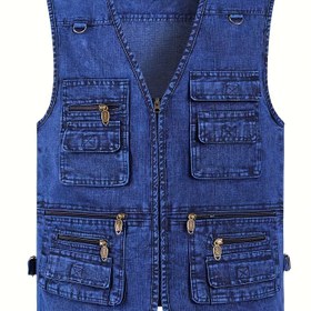 Resim Plus Beden Erkek %100 Pamuk Denim Yelek - V-Yaka Çok Cepli Yazlık İlkbahar Sonbahar Dış Mekan Yeleği, Makinede Yıkanabilir Düz Kesim Güçlendirilmiş Dikişli, PLUS BEDEN 
