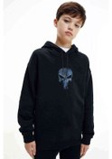 Resim Cool 3D Skull Baskılı Unisex Çocuk Kapüşonlu Siyah Sweatshirt 