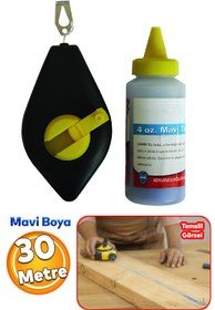 Resim Badem10 Plastik Hazneli Boyalı Çırpı Çizim İpi İnşaat Marangoz İp 30 Metre Mavi Tebeşir Boya 