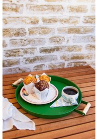 Resim Kitchen Trend 37 Cm Ahşap Kulplu Metal Yuvarlak Yeşil Tepsi Sunum 