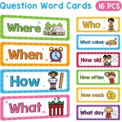Resim 16 Adet Renkli Soru Kelime Kartları Sınıf Dekoru İçin - "Yerde, " "Kim, " "Neden, " "Neden, " "Neden" İllüstrasyonlarla - Öğretmen Öğretim Yardımcıları ve Eğitici Aktiviteler İçin İdeal, Sınıf Süslemeleri|İllüstrasyonlu Flaş Kartlar 