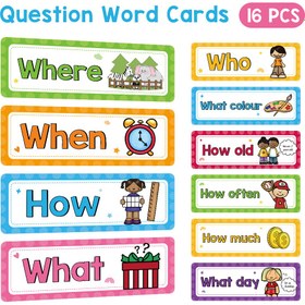 Resim 16 Adet Renkli Soru Kelime Kartları Sınıf Dekoru İçin - "Yerde, " "Kim, " "Neden, " "Neden, " "Neden" İllüstrasyonlarla - Öğretmen Öğretim Yardımcıları ve Eğitici Aktiviteler İçin İdeal, Sınıf Süslemeleri|İllüstrasyonlu Flaş Kartlar 