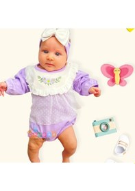 Resim 3-12 Ay Çiçek Nakışlı Tüllü Bandanalı Kız Bebek Romper Lila Lila 